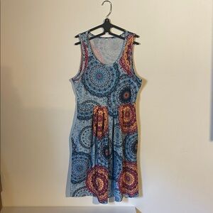 Sleeveless Blue and Multicolor Patterned Dress